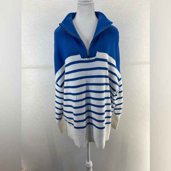 Striped Sweaters Half Zipper Long Sleeve Ribbed Knit Loose Oversized Pullover M - Picture 8 of 17